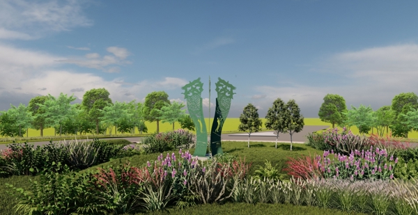 An computer illustration of a tall three part sculpture at Goldthorpe roundabout surrounded by wildflowers