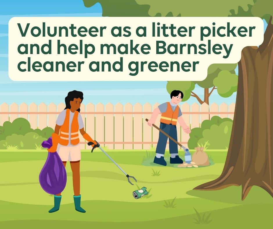 Volunteer as a litter picker and help make Barnsley cleaner and greener. Man and woman collecting litter in a park Volunteer as a litter picker and help make Barnsley cleaner and greener. Man and woman collecting litter in a park