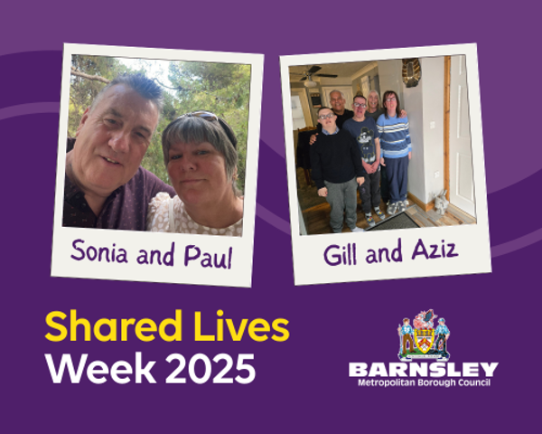 Shared Lives Week 2025. Photo Of Sonia And Paul Hugging In Front Of A Series Of Trees. Photo Of Gill, Aziz And Their Family Stood In Their House.