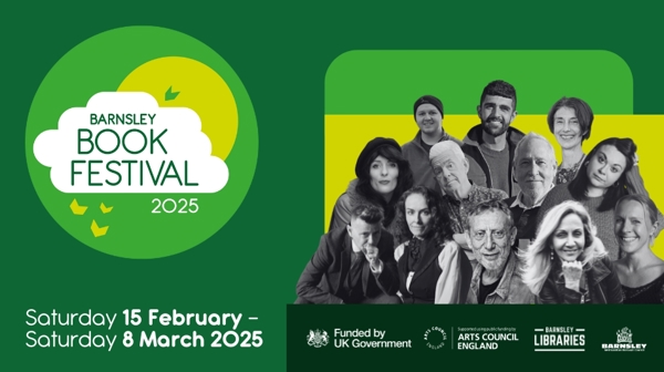 Barnsley Book Festival 2025 Logo With A Headshots Of Authors And Writers That Will Be Appearing Next Year