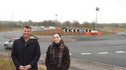 Dan Jones and Ailish Treanor at Goldthorpe gateway roundabout