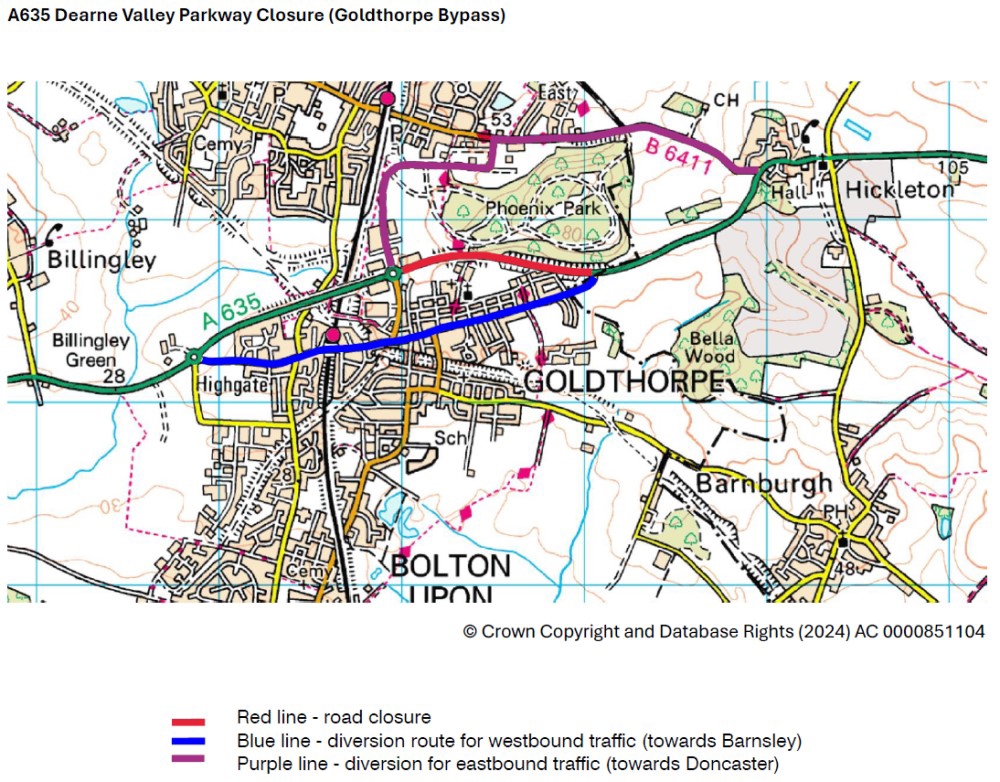 A635 Dearne Valley Parkway Closure diversion map