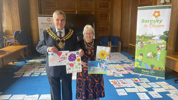 Mayor John Clarke And Mayoress With The Barnsley In Bloom Poster Competition Winner And Runners Up